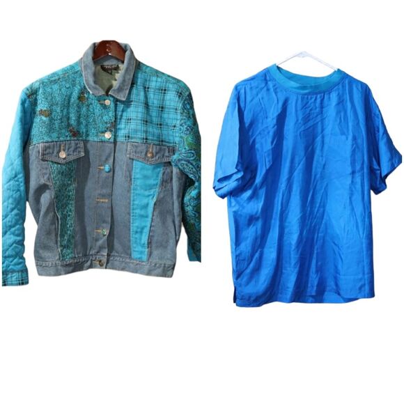Carole Little Blue Denim Funky Patchwork Jacket & Silk Shirt Set 80s 8 - Picture 1 of 16